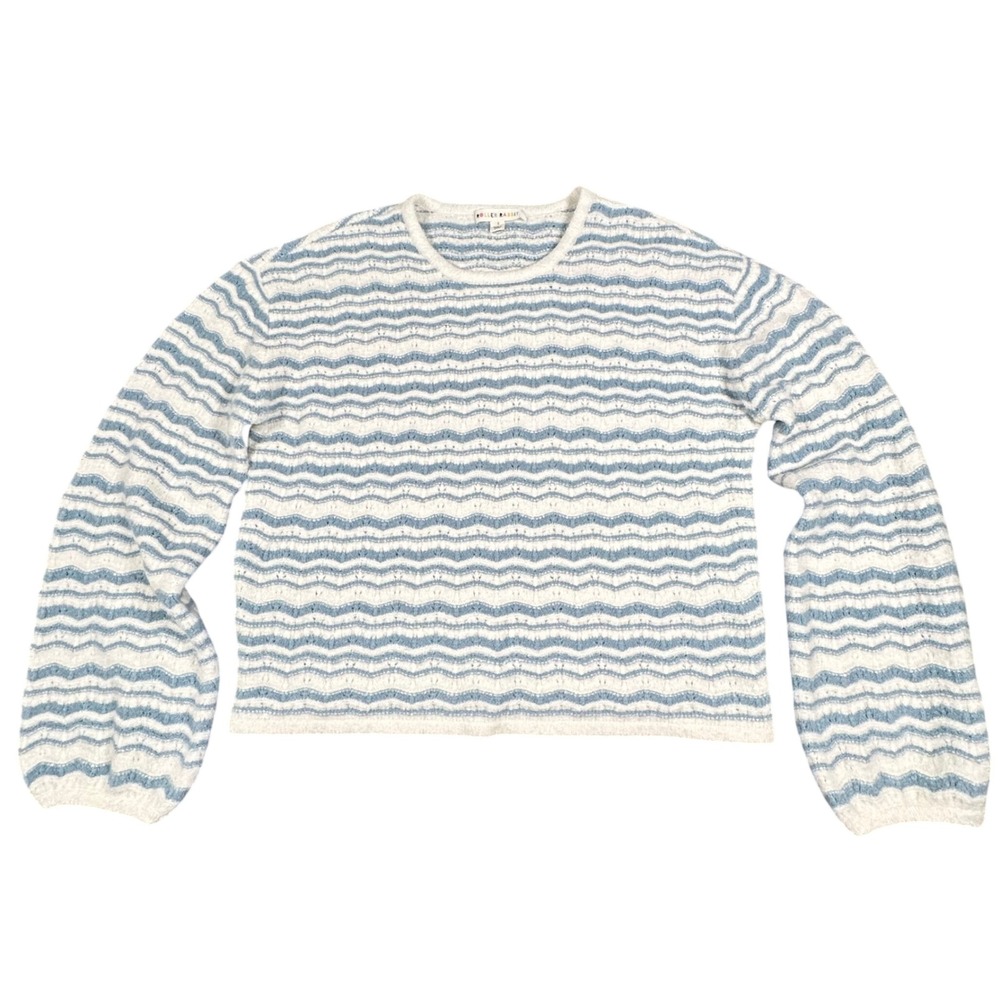 Roller Rabbit Blue White Wavy Stripe Pointelle Cotton Cashmere Sweater Small S